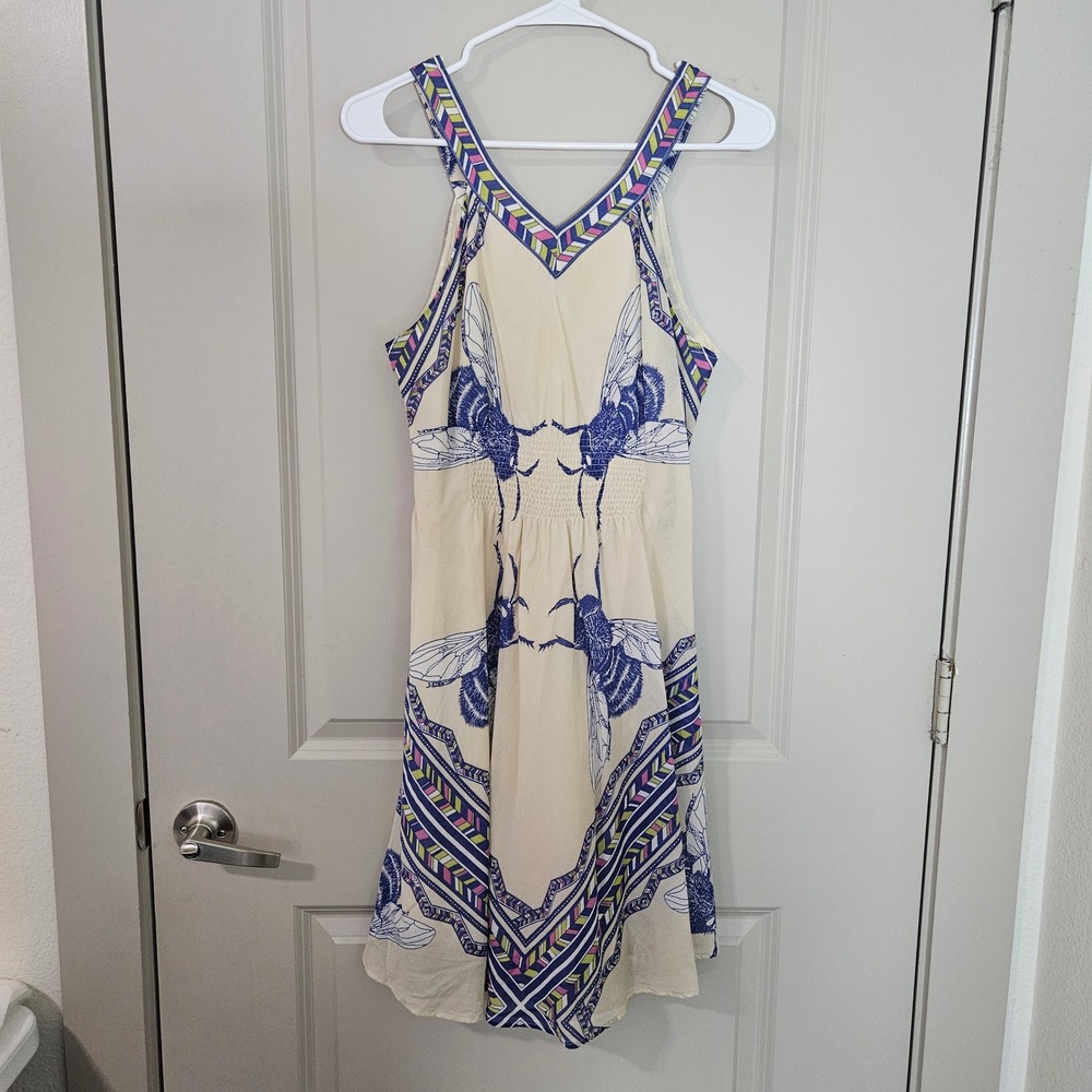 Leifnotes Anthropologie Bee Insect Print Smocked Waist Dress Ivory Blue Size 6